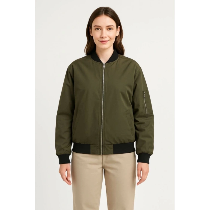 MARSiLYAN- Içi Astarlı Fermuarlı Bomber Mont Ceket - Haki