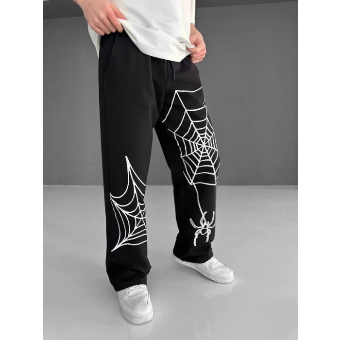 MARSiLYAN- İki İplik Kumaş Örümcek Baskılı Esofman - Siyah