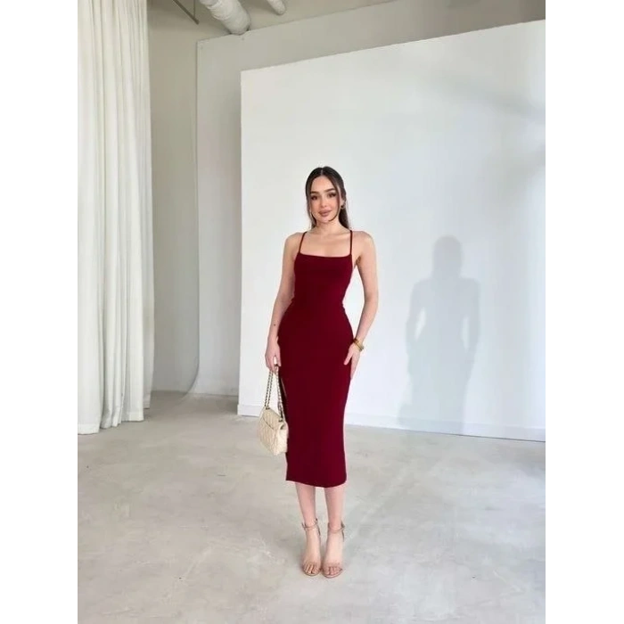 MARSiLYAN- İp Askılı Sırt Dekolteli Bağlama Detaylı Yırtmaçlı Midi Elbise - Bordo