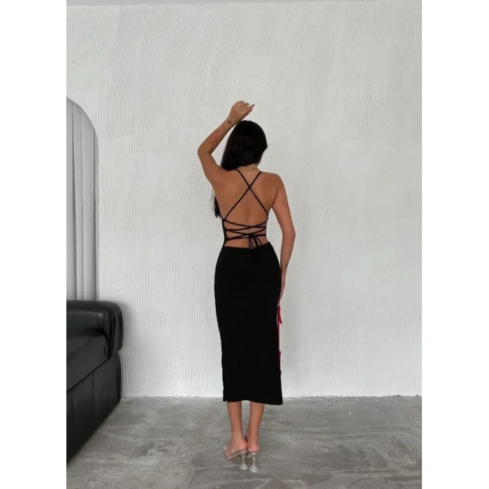 MARSiLYAN- İp Askılı Sırt Dekolteli Bağlama Detaylı Yırtmaçlı Midi Elbise - Siyah