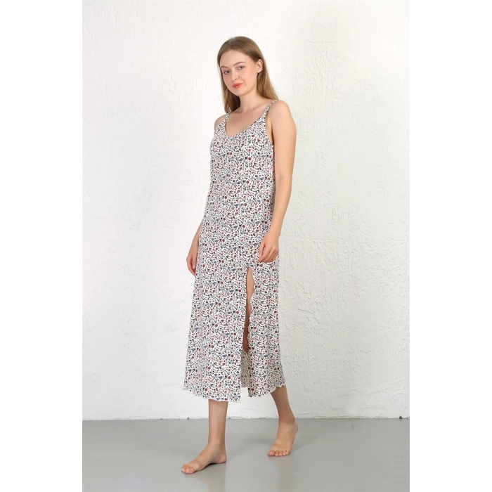 MARSiLYAN- İp Askılı Uzun Yırtmaçlı Penye Gecelik Beyaz