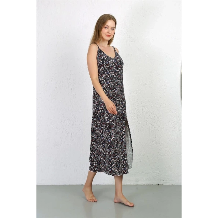 MARSiLYAN- İp Askılı Uzun Yırtmaçlı Penye Gecelik Lacivert