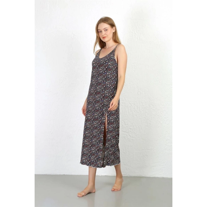 MARSiLYAN- İp Askılı Uzun Yırtmaçlı Penye Gecelik Lacivert