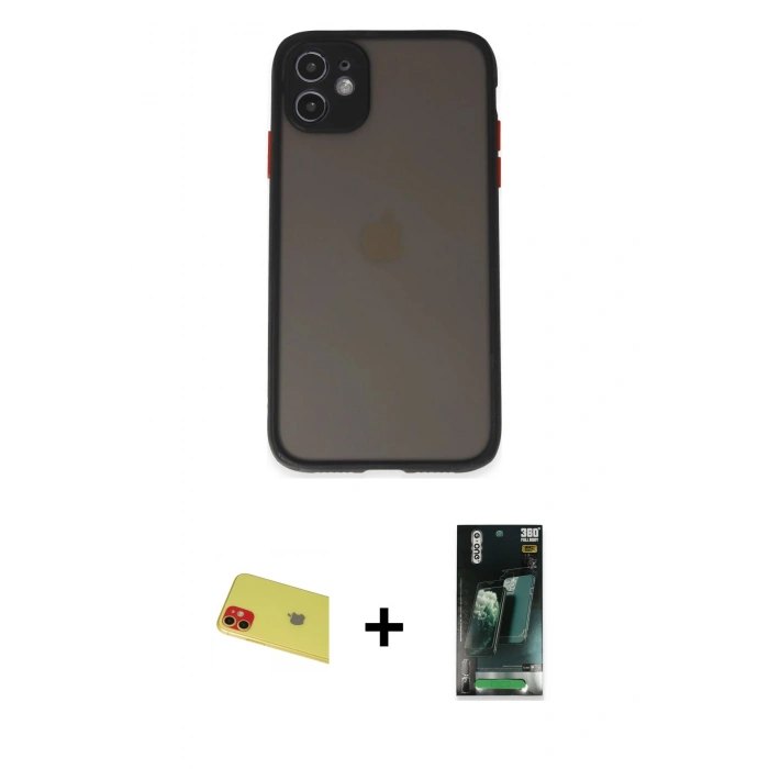 MARSİLYAN™- iPhone 11 Kılıf Ahenk Çizgi Serisi - Şeffaf 360 Full Body Arka Koruyucu + Rainbow Kamera Lens Koruma Cam - KI