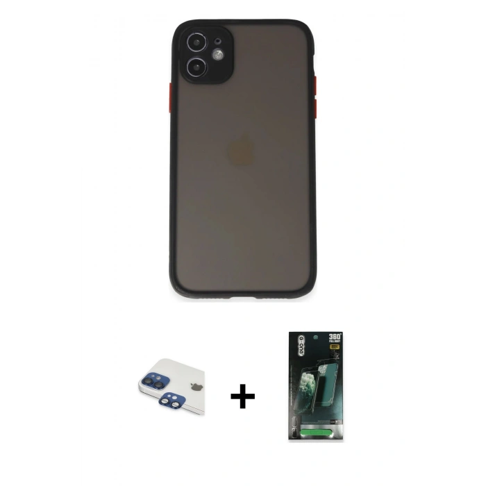 MARSİLYAN™- iPhone 11 Kılıf Ahenk Çizgi Serisi - Şeffaf 360 Full Body Arka Koruyucu + Pers Alüminyum Kamera Lens - LT