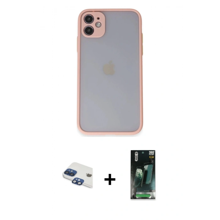 MARSİLYAN™- iPhone 11 Kılıf Ahenk Çizgi Serisi - Şeffaf 360 Full Body Arka Koruyucu + Pers Alüminyum Kamera Lens - LT
