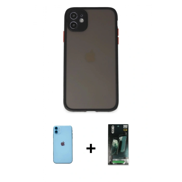 MARSİLYAN™- iPhone 11 Kılıf Ahenk Çizgi Serisi - Şeffaf 360 Full Body Arka Koruyucu + Neon Fosforlu Kamera Lens - MI