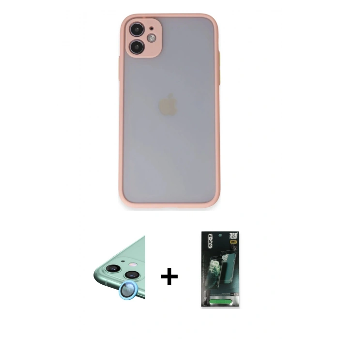 MARSİLYAN™- iPhone 11 Kılıf Ahenk Çizgi Serisi - Şeffaf 360 Full Body Arka Koruyucu + Raze Metal Kamera Lens - MI