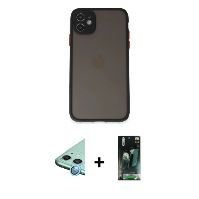 MARSİLYAN™- iPhone 11 Kılıf Ahenk Çizgi Serisi - Şeffaf 360 Full Body Arka Koruyucu + Raze Metal Kamera Lens - MI
