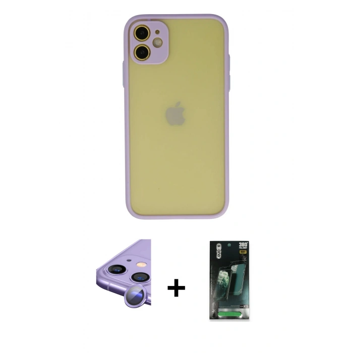 MARSİLYAN™- iPhone 11 Kılıf Ahenk Çizgi Serisi - Şeffaf 360 Full Body Arka Koruyucu + Raze Metal Kamera Lens - MR