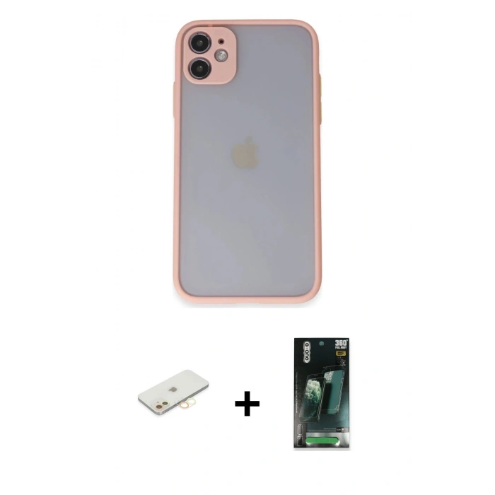 MARSİLYAN™- iPhone 11 Kılıf Ahenk Çizgi Serisi - Şeffaf 360 Full Body Arka Koruyucu + Renkli Kamera Lens Koruma Cam - SI