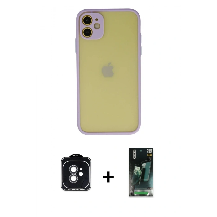 MARSİLYAN™- iPhone 11 Kılıf Ahenk Çizgi Serisi - Şeffaf 360 Full Body Arka Koruyucu + PVD Metal Kamera Lens - SH