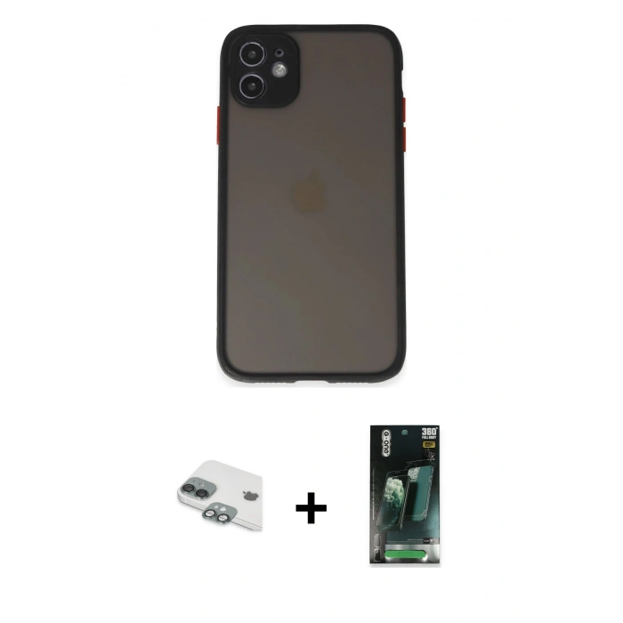 MARSİLYAN™- iPhone 11 Kılıf Ahenk Çizgi Serisi - Şeffaf 360 Full Body Arka Koruyucu + Pers Alüminyum Kamera Lens - YL