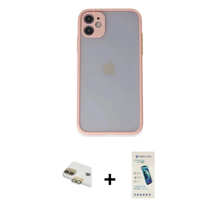 MARSİLYAN™- iPhone 11 Kılıf Ahenk Çizgi Serisi - Şeffaf Pasifik Cam Ekran Koruyucu + Gold Pers Alüminyum Kamera Lens