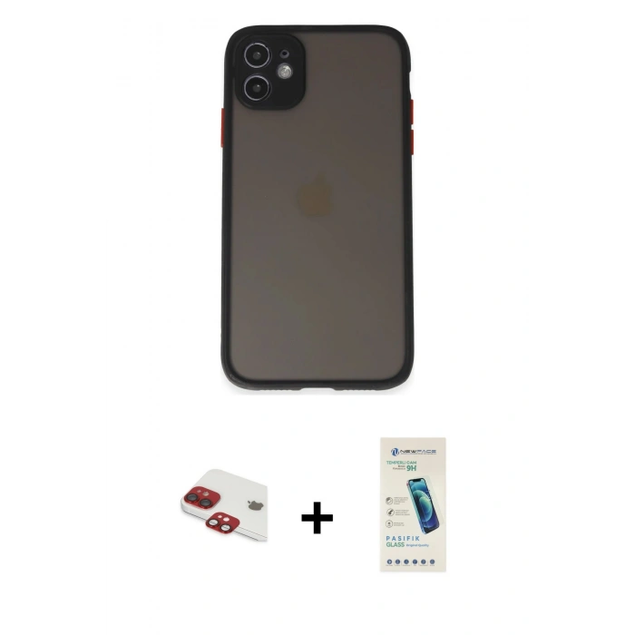 MARSİLYAN™- iPhone 11 Kılıf Ahenk Çizgi Serisi - Şeffaf Pasifik Cam Ekran Koruyucu + Pers Alüminyum Kamera Lens - KI