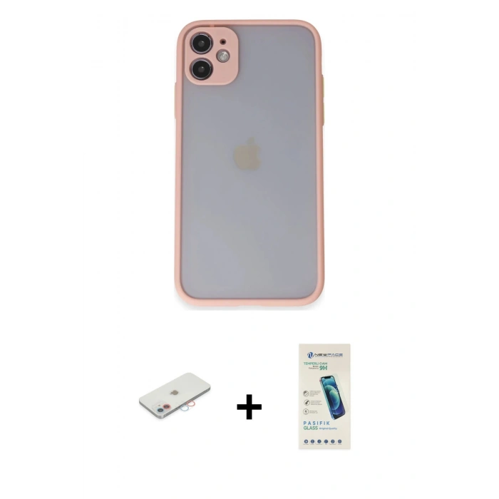 MARSİLYAN™- iPhone 11 Kılıf Ahenk Çizgi Serisi - Şeffaf Pasifik Cam Ekran Koruyucu + Pembe Renkli Kamera Lens Koruma Cam