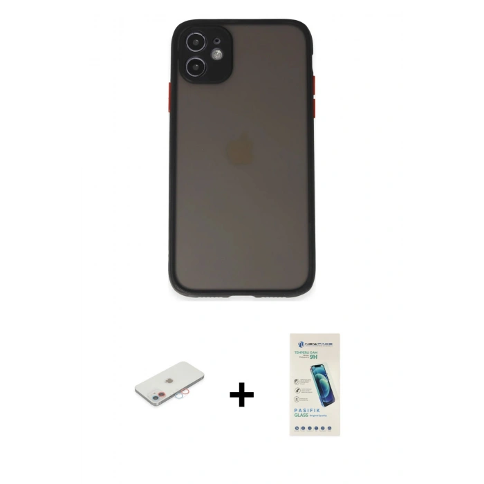 MARSİLYAN™- iPhone 11 Kılıf Ahenk Çizgi Serisi - Şeffaf Pasifik Cam Ekran Koruyucu + Pembe Renkli Kamera Lens Koruma Cam