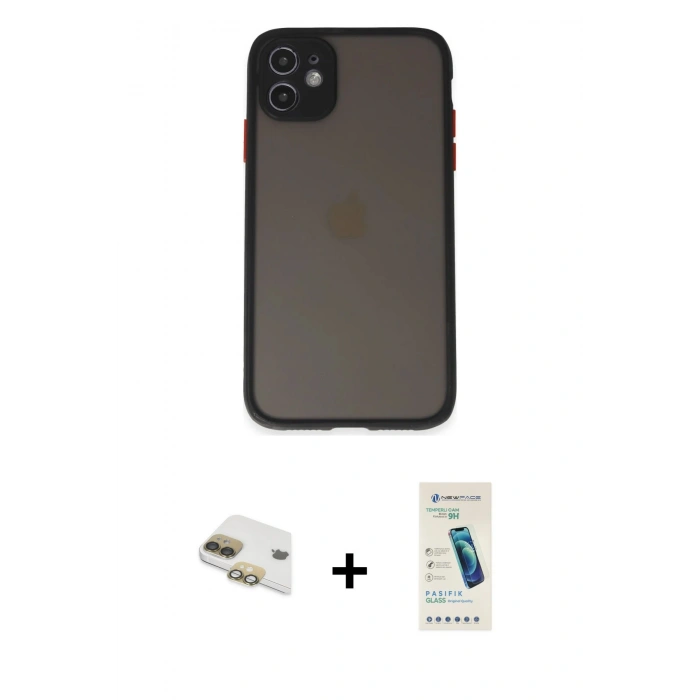 MARSİLYAN™- iPhone 11 Kılıf Ahenk Çizgi Serisi - Şeffaf Pasifik Cam Ekran Koruyucu + Pers Alüminyum Kamera Lens - GD