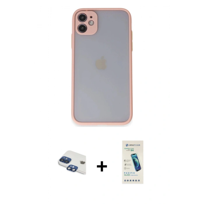 MARSİLYAN™- iPhone 11 Kılıf Ahenk Çizgi Serisi - Şeffaf Pasifik Cam Ekran Koruyucu + Pers Alüminyum Kamera Lens - LT