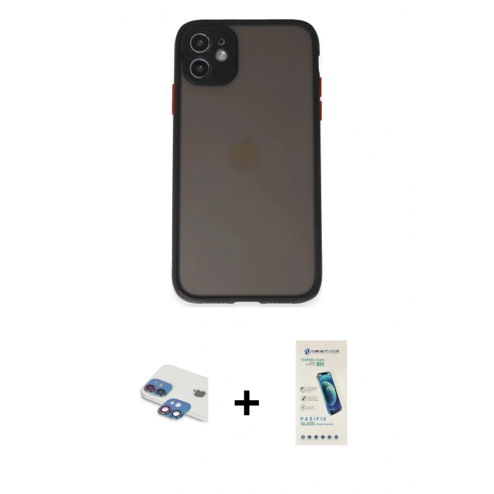 MARSİLYAN™- iPhone 11 Kılıf Ahenk Çizgi Serisi - Şeffaf Pasifik Cam Ekran Koruyucu + Pers Alüminyum Kamera Lens - GI