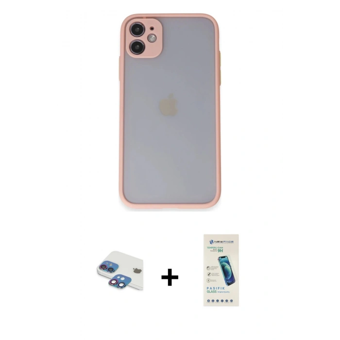 MARSİLYAN™- iPhone 11 Kılıf Ahenk Çizgi Serisi - Şeffaf Pasifik Cam Ekran Koruyucu + Pers Alüminyum Kamera Lens - GI