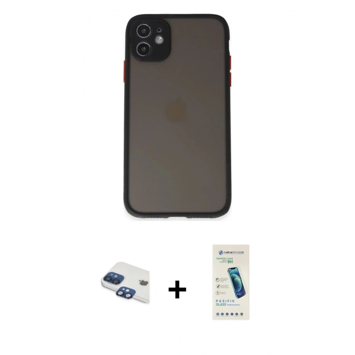 MARSİLYAN™- iPhone 11 Kılıf Ahenk Çizgi Serisi - Şeffaf Pasifik Cam Ekran Koruyucu + Pers Alüminyum Kamera Lens - LT