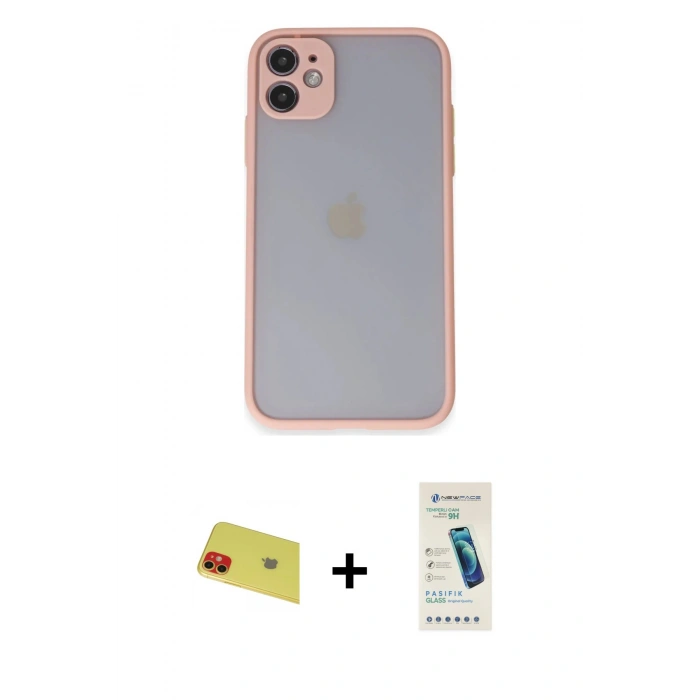 MARSİLYAN™- iPhone 11 Kılıf Ahenk Çizgi Serisi - Şeffaf Pasifik Cam Ekran Koruyucu + Rainbow Kamera Lens Koruma Cam - KI