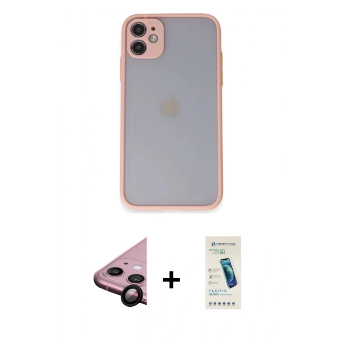 MARSİLYAN™- iPhone 11 Kılıf Ahenk Çizgi Serisi - Şeffaf Pasifik Cam Ekran Koruyucu + Raze Metal Kamera Lens - SH