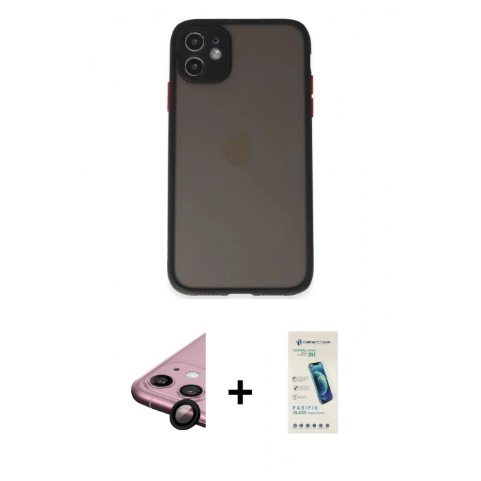MARSİLYAN™- iPhone 11 Kılıf Ahenk Çizgi Serisi - Şeffaf Pasifik Cam Ekran Koruyucu + Raze Metal Kamera Lens - SH