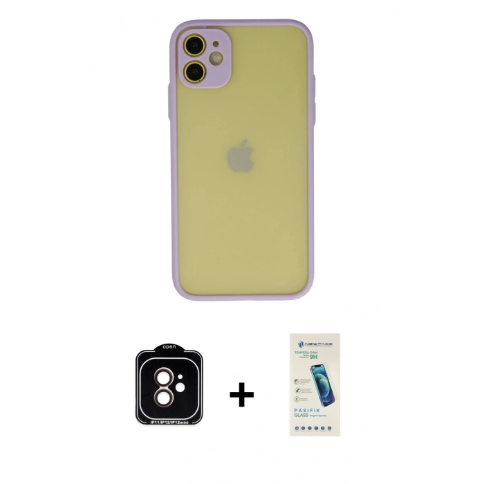 MARSİLYAN™- iPhone 11 Kılıf Ahenk Çizgi Serisi - Şeffaf Pasifik Cam Ekran Koruyucu + PVD Metal Kamera Lens - TU