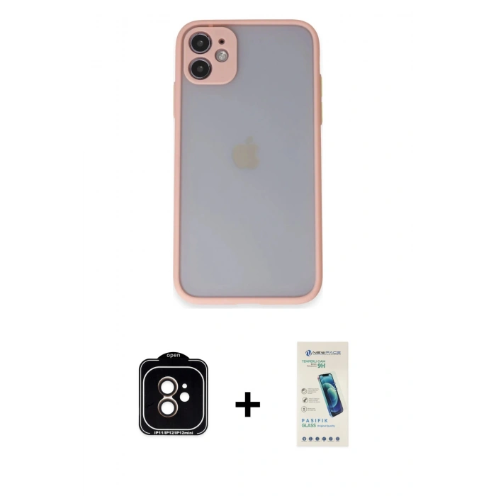 MARSİLYAN™- iPhone 11 Kılıf Ahenk Çizgi Serisi - Şeffaf Pasifik Cam Ekran Koruyucu + PVD Metal Kamera Lens - TU