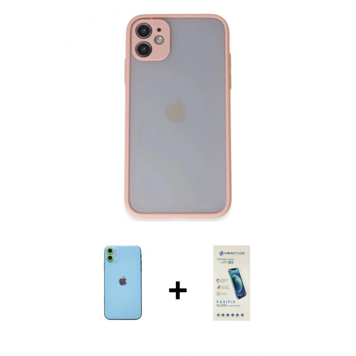 MARSİLYAN™- iPhone 11 Kılıf Ahenk Çizgi Serisi - Şeffaf Pasifik Cam Ekran Koruyucu + Neon Fosforlu Kamera Lens - YL