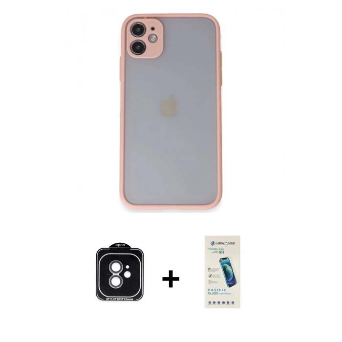 MARSİLYAN™- iPhone 11 Kılıf Ahenk Çizgi Serisi - Şeffaf Pasifik Cam Ekran Koruyucu + Yeşil PVD Metal Kamera Lens