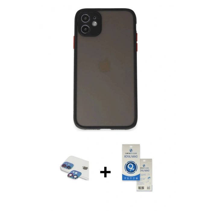 MARSİLYAN™- iPhone 11 Kılıf Ahenk Çizgi Serisi - Şeffaf Royal Nano Ekran Koruyucu + Pers Alüminyum Kamera Lens - GI