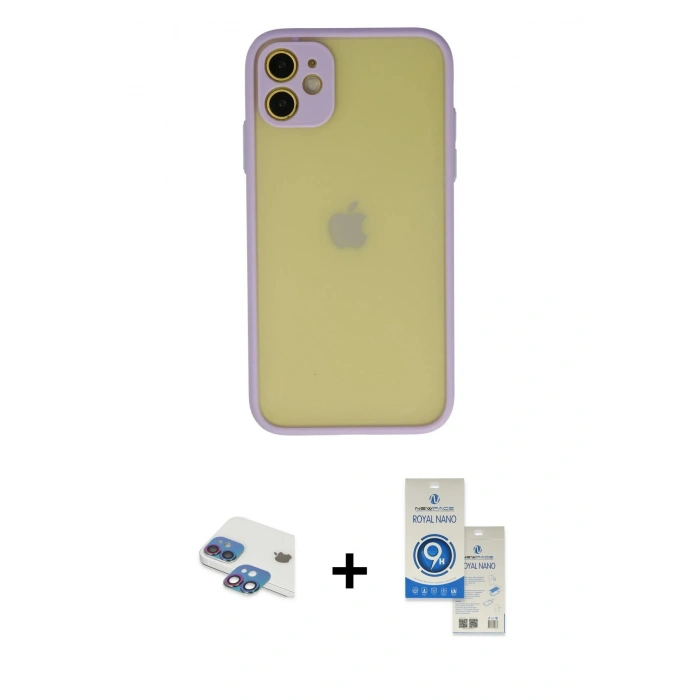 MARSİLYAN™- iPhone 11 Kılıf Ahenk Çizgi Serisi - Şeffaf Royal Nano Ekran Koruyucu + Pers Alüminyum Kamera Lens - GI