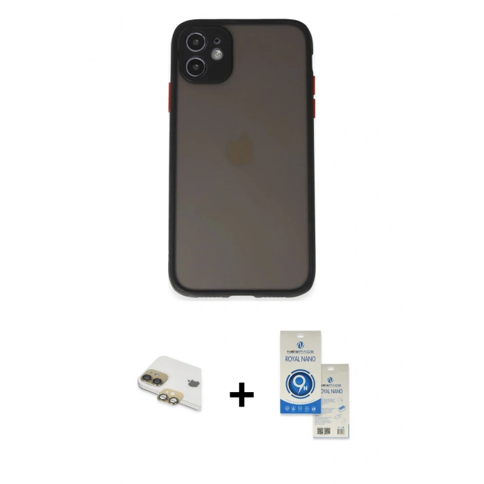 MARSİLYAN™- iPhone 11 Kılıf Ahenk Çizgi Serisi - Şeffaf Royal Nano Ekran Koruyucu + Pers Alüminyum Kamera Lens - GD