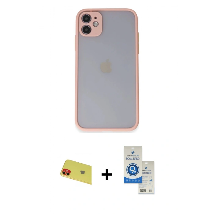 MARSİLYAN™- iPhone 11 Kılıf Ahenk Çizgi Serisi - Şeffaf Royal Nano Ekran Koruyucu + Rainbow Kamera Lens Koruma Cam - KI