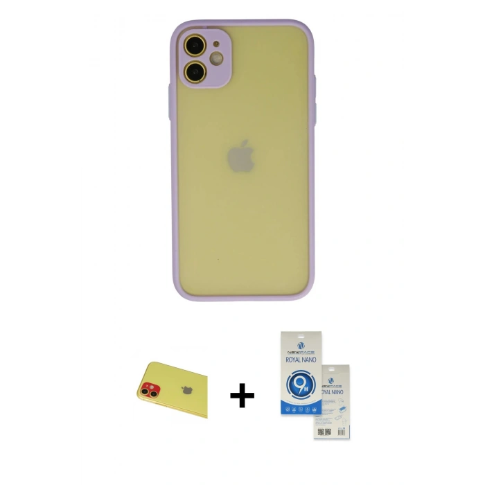 MARSİLYAN™- iPhone 11 Kılıf Ahenk Çizgi Serisi - Şeffaf Royal Nano Ekran Koruyucu + Rainbow Kamera Lens Koruma Cam - KI