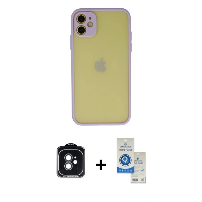 MARSİLYAN™- iPhone 11 Kılıf Ahenk Çizgi Serisi - Şeffaf Royal Nano Ekran Koruyucu + PVD Metal Kamera Lens - SH