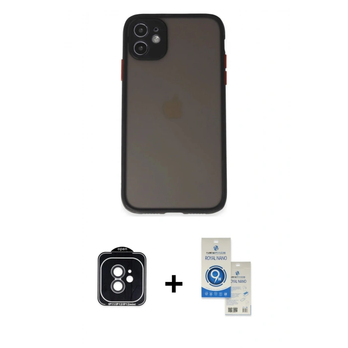 MARSİLYAN™- iPhone 11 Kılıf Ahenk Çizgi Serisi - Şeffaf Royal Nano Ekran Koruyucu + PVD Metal Kamera Lens - SH