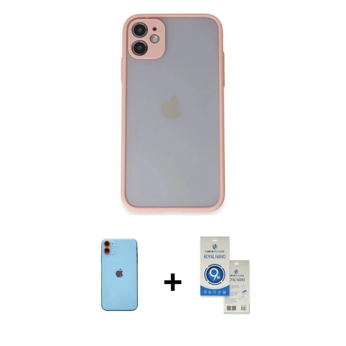 MARSİLYAN™- iPhone 11 Kılıf Ahenk Çizgi Serisi - Şeffaf Royal Nano Ekran Koruyucu + Neon Fosforlu Kamera Lens - TU