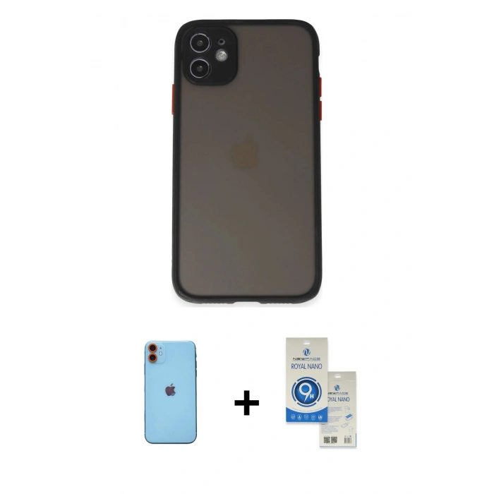 MARSİLYAN™- iPhone 11 Kılıf Ahenk Çizgi Serisi - Şeffaf Royal Nano Ekran Koruyucu + Neon Fosforlu Kamera Lens - TU