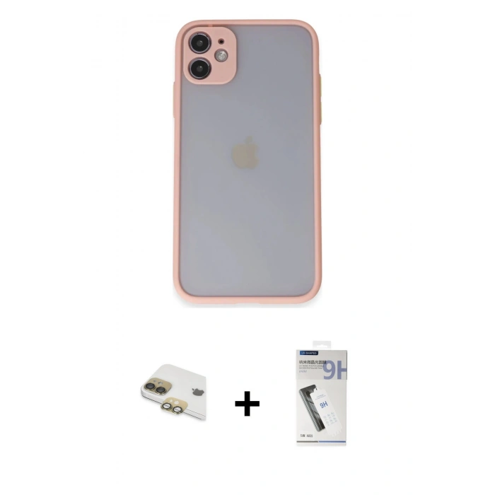 MARSİLYAN™- iPhone 11 Kılıf Ahenk Çizgi Serisi - Şeffaf Uv Polymer Nano Ekran Koruyucu + Gold Pers Alüminyum Kamera Lens