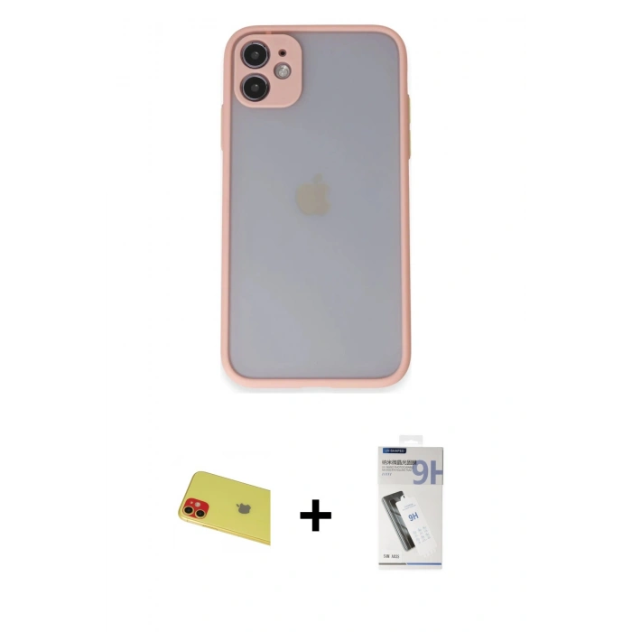 MARSİLYAN™- iPhone 11 Kılıf Ahenk Çizgi Serisi - Şeffaf Uv Polymer Nano Ekran Koruyucu + Kırmızı Rainbow Kamera Lens Koruma Cam