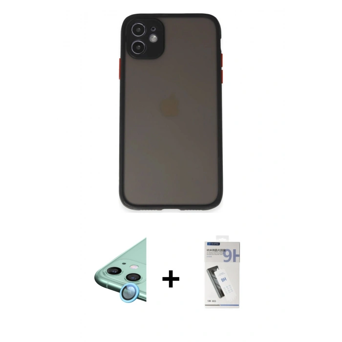 MARSİLYAN™- iPhone 11 Kılıf Ahenk Çizgi Serisi - Şeffaf Uv Polymer Nano Ekran Koruyucu + Mavi Raze Metal Kamera Lens