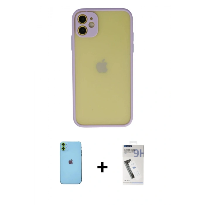 MARSİLYAN™- iPhone 11 Kılıf Ahenk Çizgi Serisi - Şeffaf Uv Polymer Nano Ekran Koruyucu + Neon Fosforlu Kamera Lens - YL