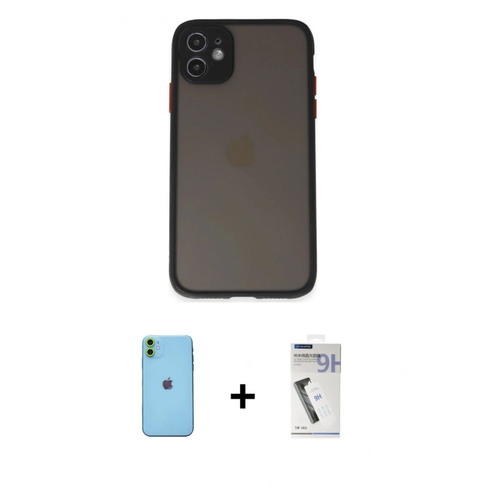 MARSİLYAN™- iPhone 11 Kılıf Ahenk Çizgi Serisi - Şeffaf Uv Polymer Nano Ekran Koruyucu + Neon Fosforlu Kamera Lens - YL