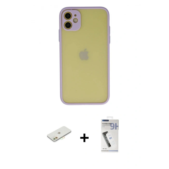 MARSİLYAN™- iPhone 11 Kılıf Ahenk Çizgi Serisi - Şeffaf Uv Polymer Nano Ekran Koruyucu + Renkli Kamera Lens Koruma Cam - TU
