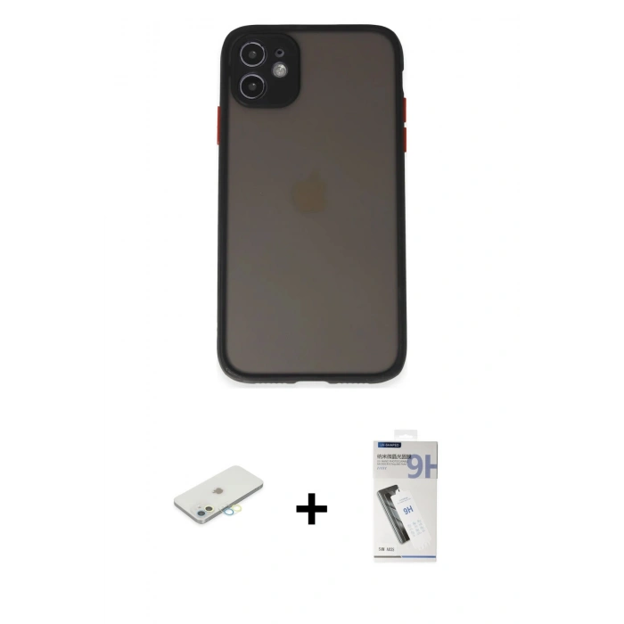 MARSİLYAN™- iPhone 11 Kılıf Ahenk Çizgi Serisi - Şeffaf Uv Polymer Nano Ekran Koruyucu + Renkli Kamera Lens Koruma Cam - SI