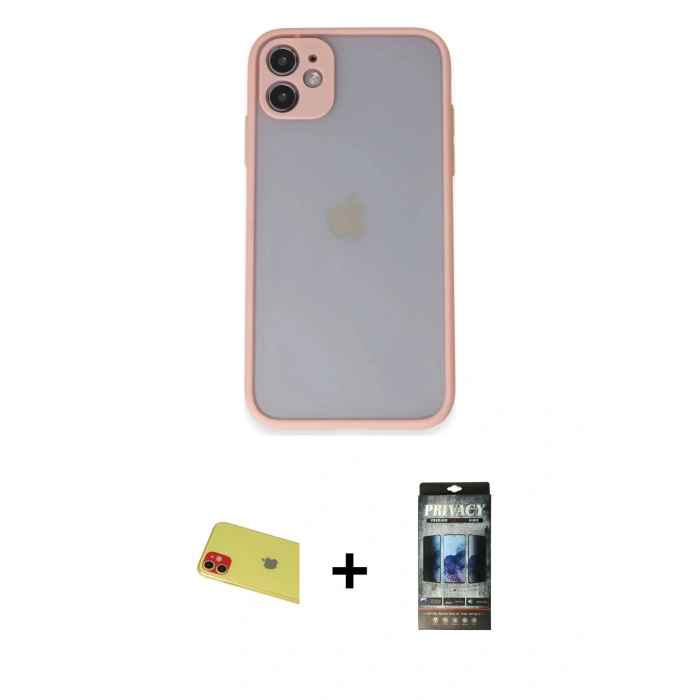 MARSİLYAN™- iPhone 11 Kılıf Ahenk Çizgi Serisi - Siyah 34D Hayalet Izgaralı Cam + Rainbow Kamera Lens Koruma Cam - KI
